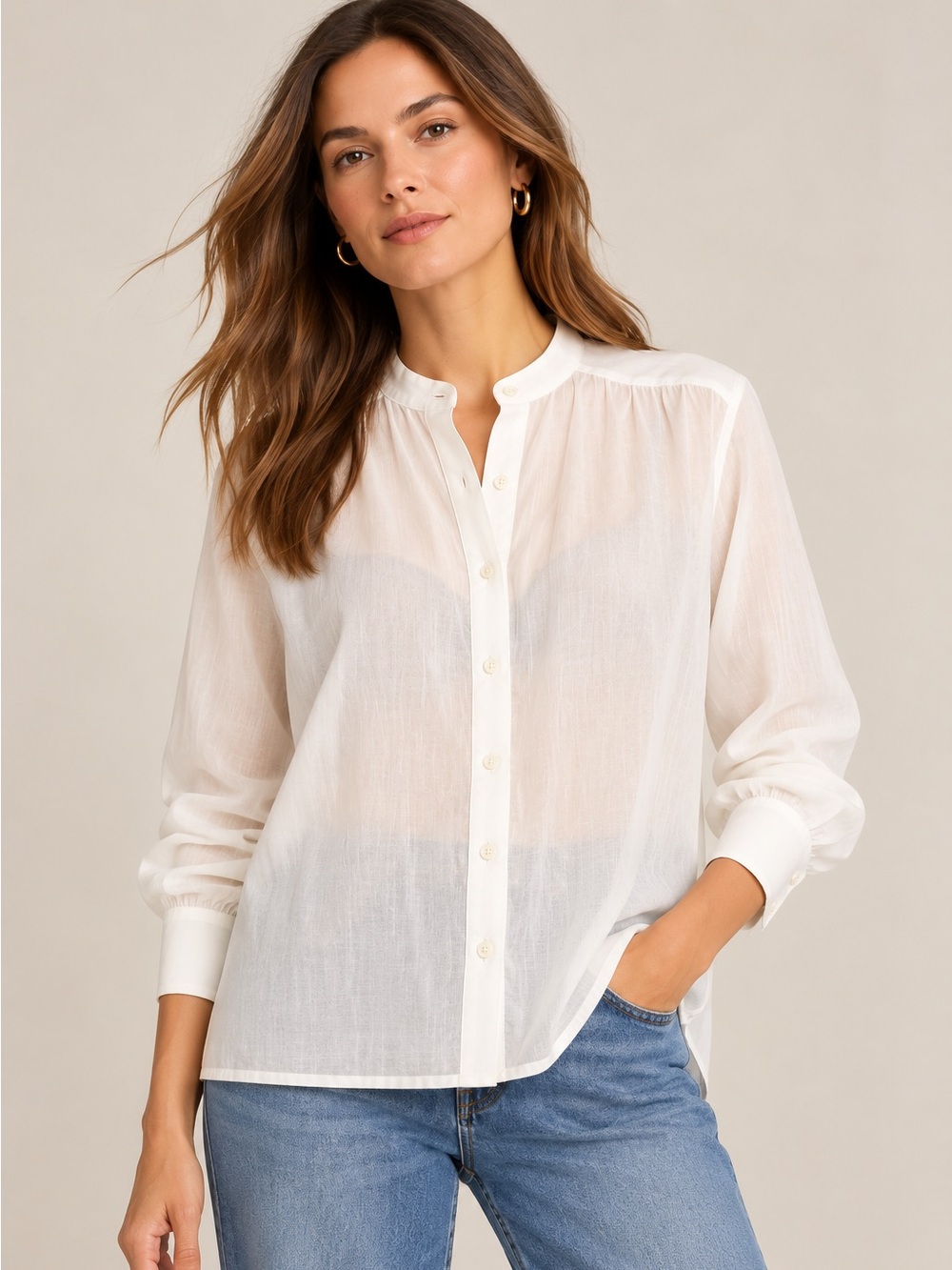 NEW! Ann Taylor 100% Cotton Semi-Sheer High-Low Band Collar Blouse Size Small